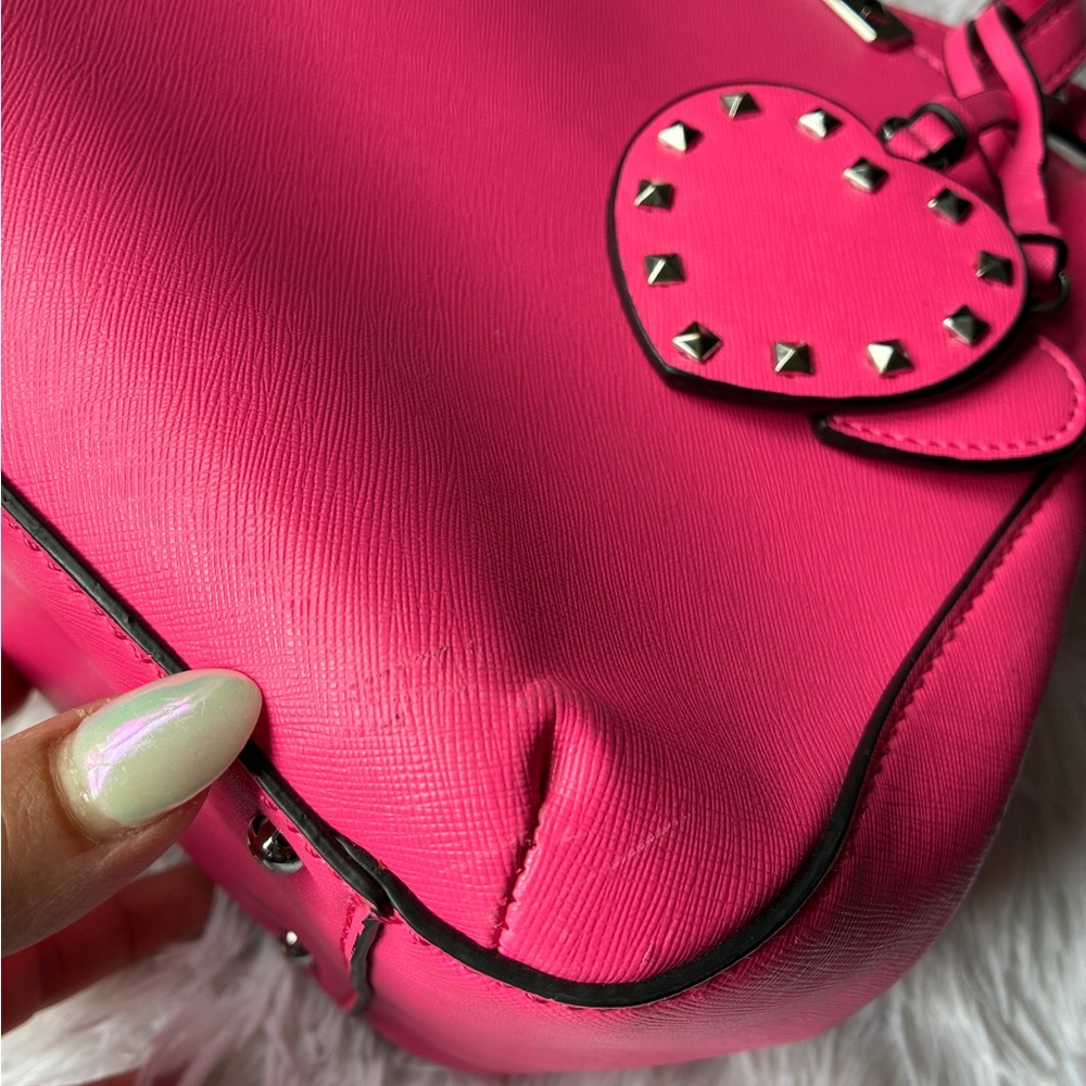 GUESS Pink Saffiano Leather Satchel with Heart Charm - Picture 7 of 14